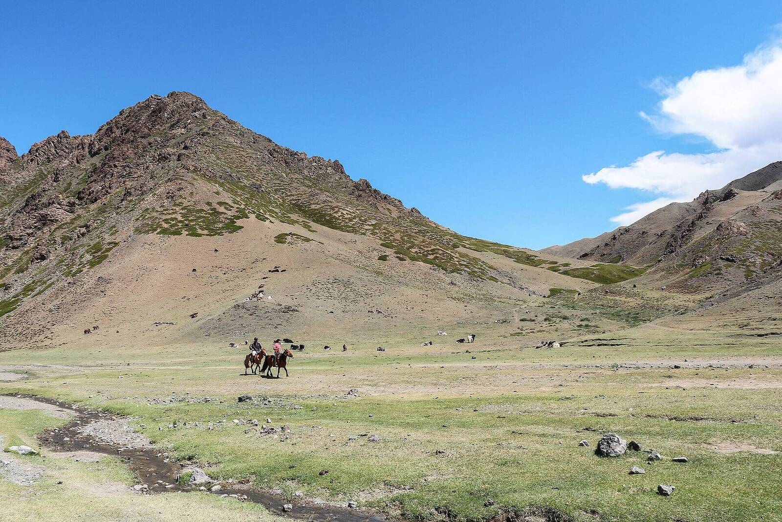 Horse riders in a wide valley below rocky hills